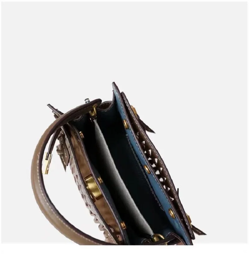 

2021 Summer Handbag Multi-compartments Large-capacity Stylish Bag Cowhide Lock Buckle Hollow Shoulder Genuine Leather Women Bag