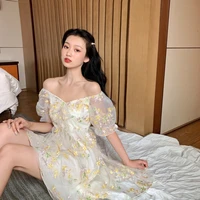 new 2021 womens summer korean retro fairy dress french floral dress womens sexy puff sleeve chiffon printed dress