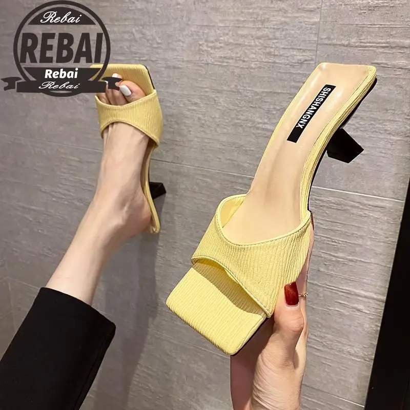 

New Brand High Heels Slippers Women Sandalias Mujer Slip On Slide Elegant Mule Shoes Women Sandal Leisure Slipper Big Size 35-39