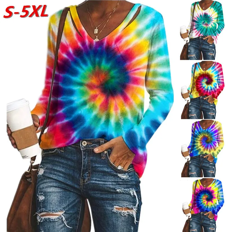 

Womens Tie-Dye Blouse Long-sleeved Loose V-Neck Shirts Female Colorful Printed Blouses S-XXL