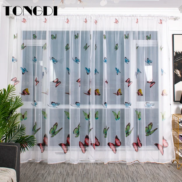 Цветная прозрачная занавеска TONGDI с принтом бабочки белое Тюлевое прозрачное