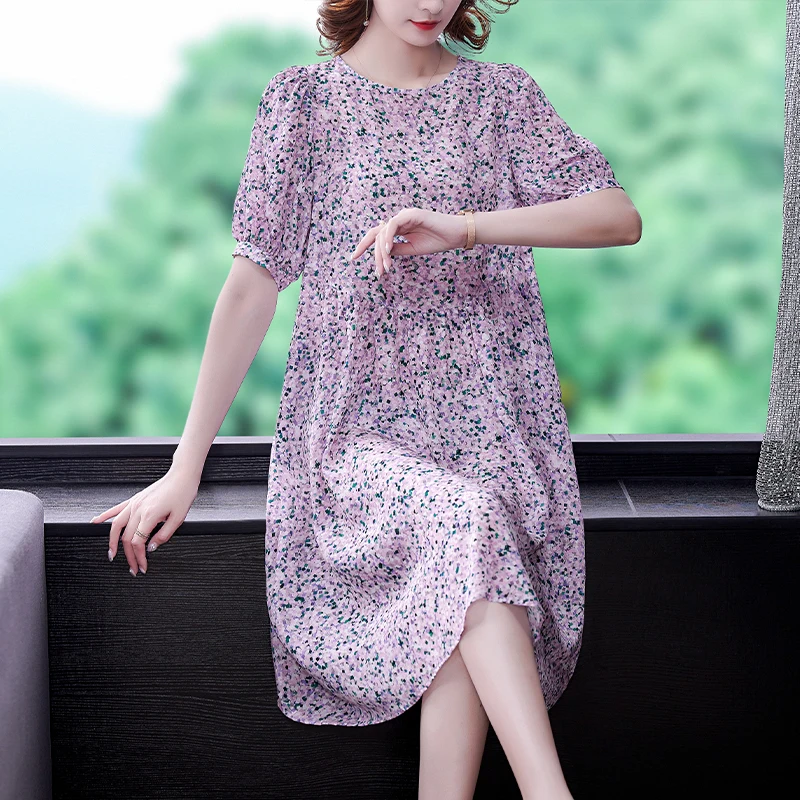 

Женское шифоновое платье с принтом в стиле бохо, фиолетовое винтажное Повседневное платье из натурального шелка, свободное пляжное платье ...