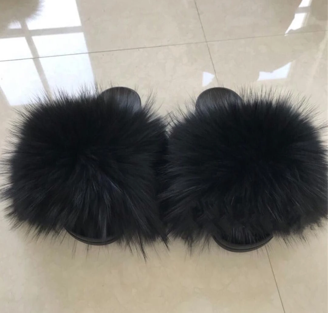 

2020 Women's Summer Fox Fur Slipper Flat Beach Slides Hot Sizes 36-45 available