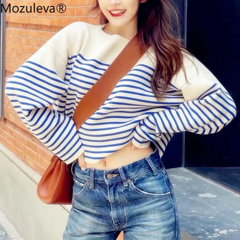 

Mozuleva 2022 Autumn Winter Stylish Loose Contrast Striped Sweater for Women Korean Short Soft Kniited O Neck Sweater Women