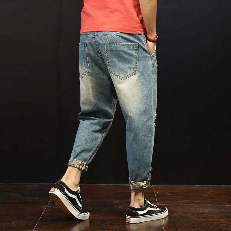 Men's Jeans Summer Thin Large Size Loose Straight Nine-point Pants Ripped Camouflage Long Pants Men Jeans