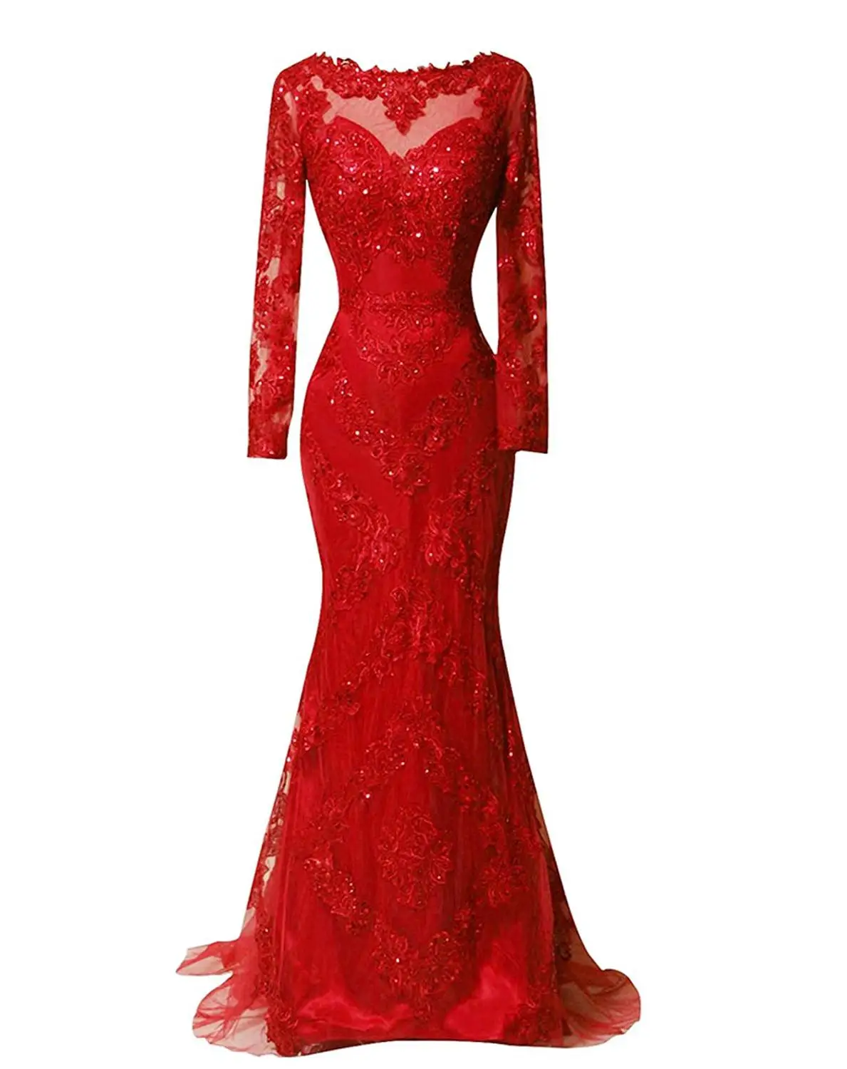 Купи Real Photos Red Long Sleeve Prom Dress 2019 Lace Appliques Mermaid Evening Dresses Long Sweep Train Formal Gowns за 4,990 рублей в магазине AliExpress