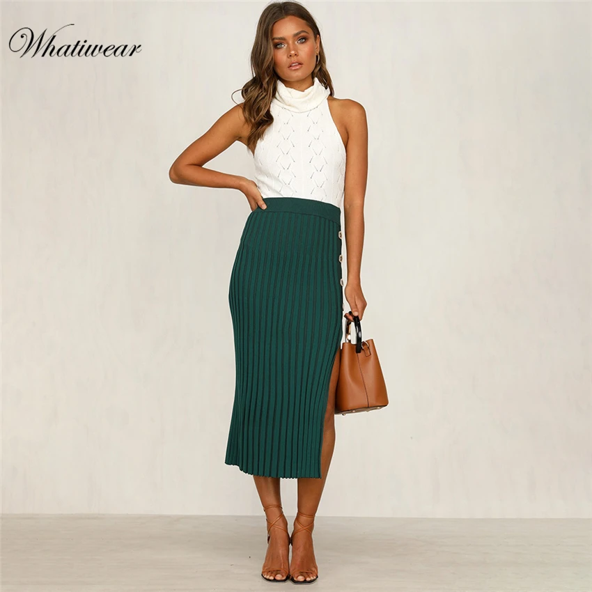 Whatiwear, одноцветная сексуальная юбка с разрезом, осенняя уличная мода, высокая талия, Повседневная Женская юбка, Офисная Женская юбка миди