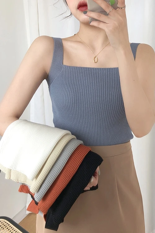 

Camisoles Women Tanks Top Summer Sexy Knit Solid Spaghetti Strap Skinny Korean Style All-match Simple Slim Leisure Elegant Chic