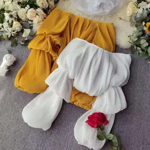 Женская шифоновая блузка с рукавами-фонариками, однотонная длинная Плиссированная блузка с рукавами-фонариками, модель J600 на осень 2019