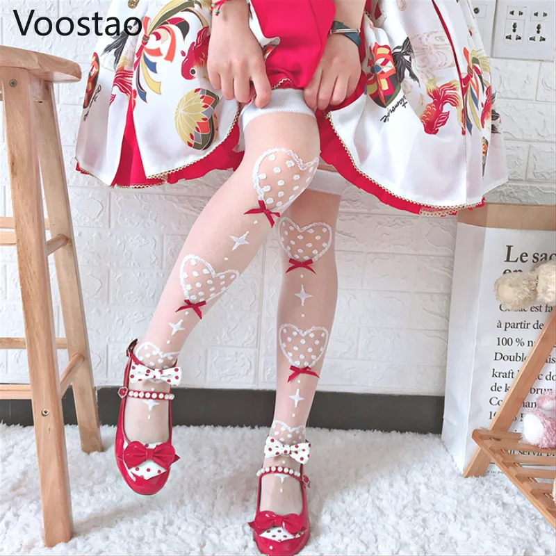 

12 Colors Cute Bow Heart Shaped Lolita Silk Stockings Summer Girls Gothic Overknee Socks Girls Ultrathin Stocking Women JK Socks