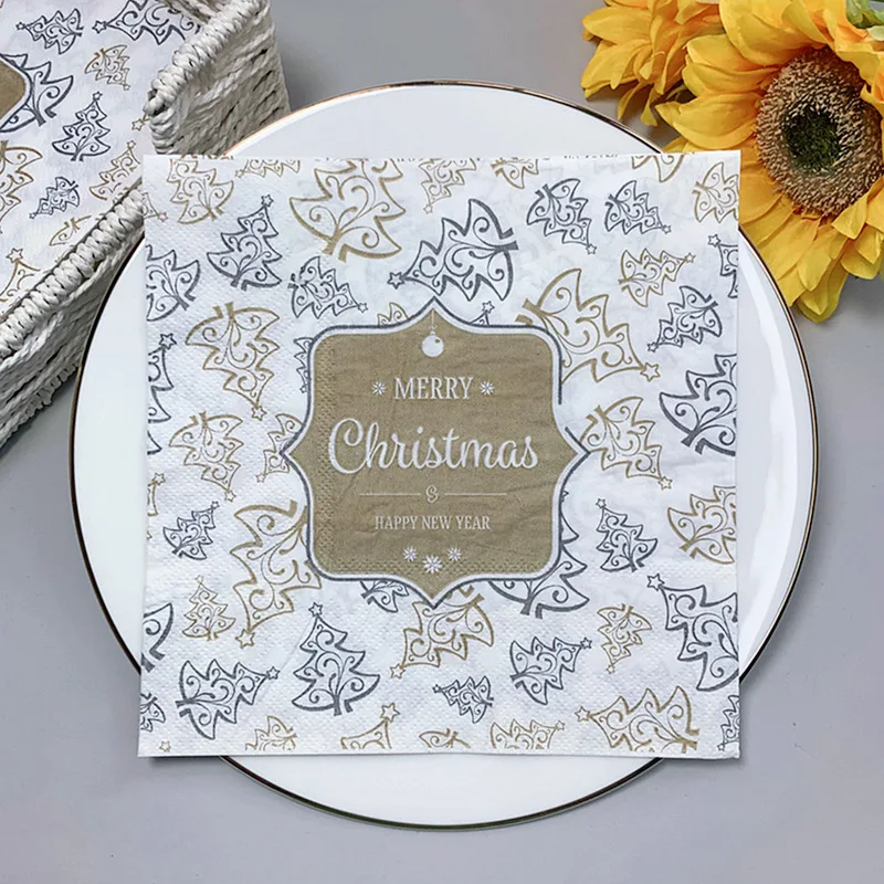 

2021 New 20Pcs/Bag Christmas Tree Paper Napkins Merry Christmas Letters Decoupage Serviettes for Xmas Party Tableware Decor J