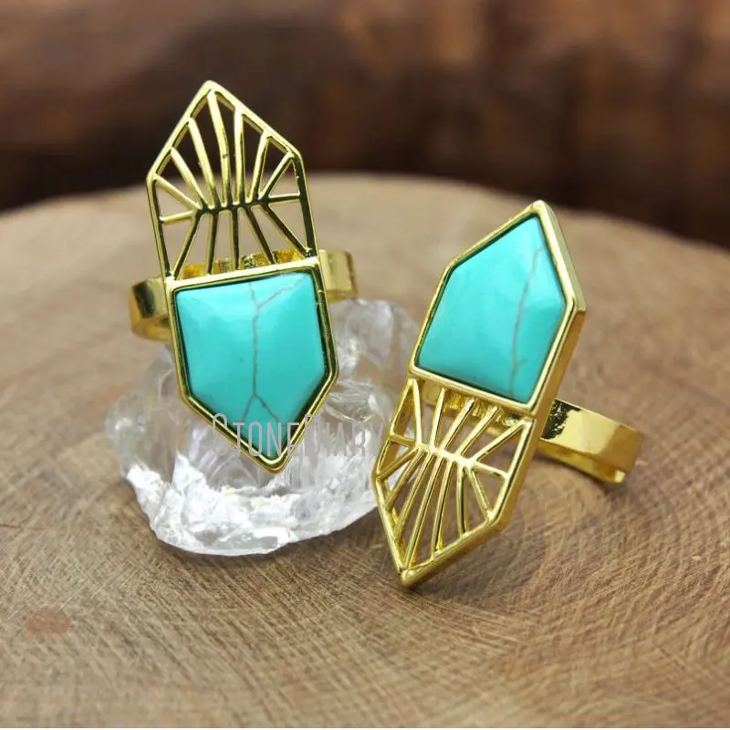 RM10111 10 шт. модные вырезанные пятиугольные бирюзовые кольца ручной работы медное