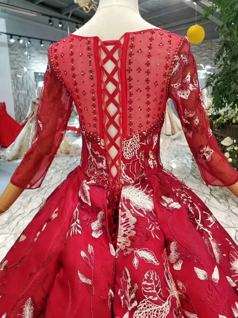 

BGW 22613ht Red Wedding Party Dresses Ball Gown O Neck Long Sleeve Muslim Bride Dress Floor Length Pleat Evening Dresses Ladies
