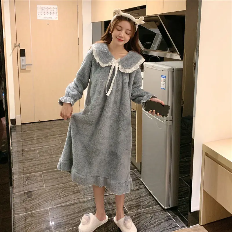 Nightdress Female Winter Coral Velvet Long Sweet Student Thickened Plus Size Pajamas Home Clothes  Women Nightgown