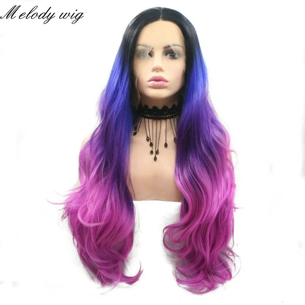 Melody Synthetic Lace Front Wig Heat Resistant Black Blue Purple Ombre Color Long Body Wave/ Straight for Women Natural Looking