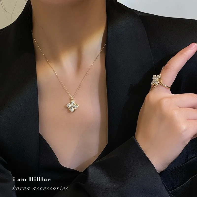 

S925 Silver Needle Rotating Four-leaf Clover Necklace Ring Earring Damping Rotating Windmill Earrings Korean Fashion Jewelry