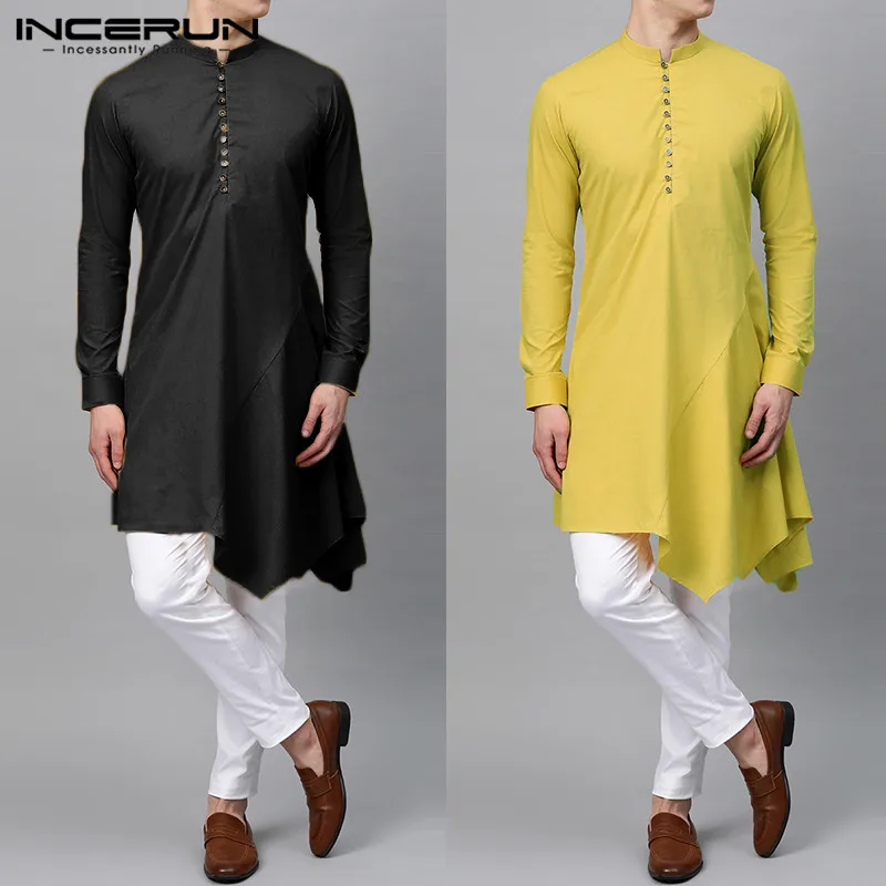 

Men Long Shirt Indian Clothes Solid Color 2022 Long Sleeve Vintage Kurtas Men Irregular Shirts Elegant Muslim Robes INCERUN 5XL