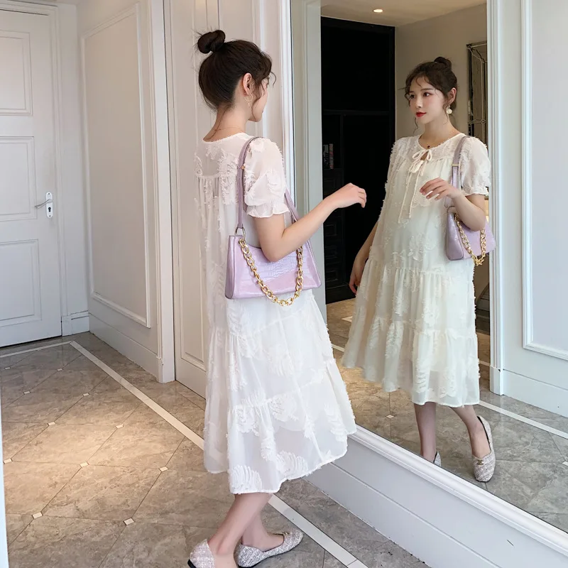

2021 Summer Women's Plus Size Maternity Dresses Round Neck Short Sleeve Embroidered Chiffon Pregnant Dress Maternity Clothes