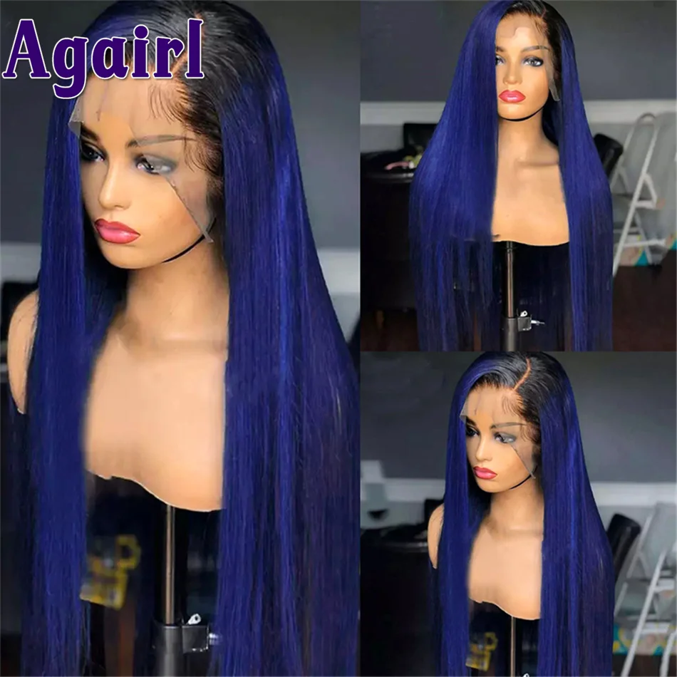 Blue Color 13x6 Lace Front Straight Wig For Women Human Hair 1B/Blue 180 Density Lace Frontal Wigs Pre Plucked Brazizlian Agairl