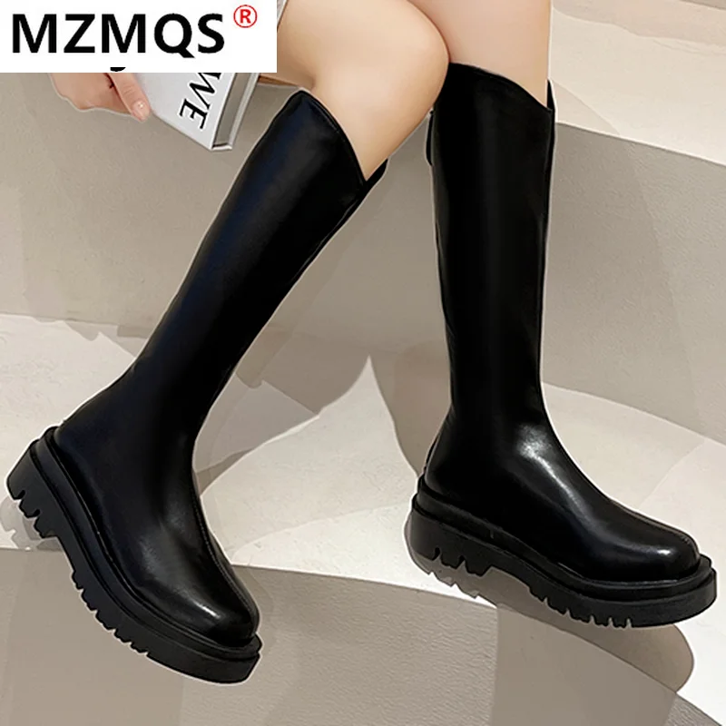 

Женские повседневные ботинки на платформе с круглым носком, модные готические сапоги до середины икры, женские мотоциклетные ботинки на мо...