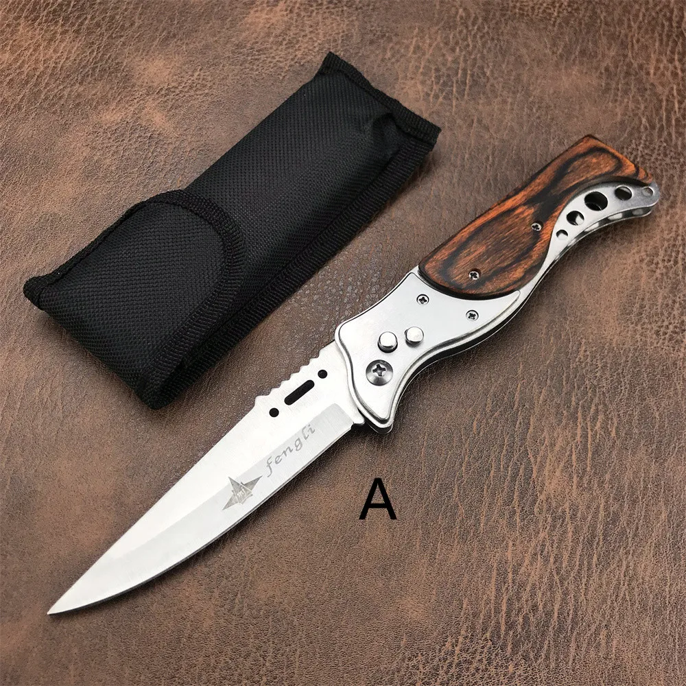 

440 Blade Assisted Open Knives Wooden Handle Folding Pocket Knife Edc Outdoor Hunting Rescue High Hardness Tool Nylon Scabbard