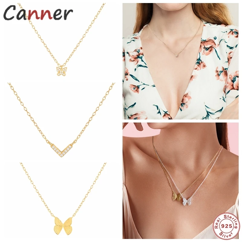 

CANNER 100% S925 Sterling Silver Gold Color Chain Necklaces Pendants Butterfly Flowers Choker Necklaces For Women Femme Jewelry