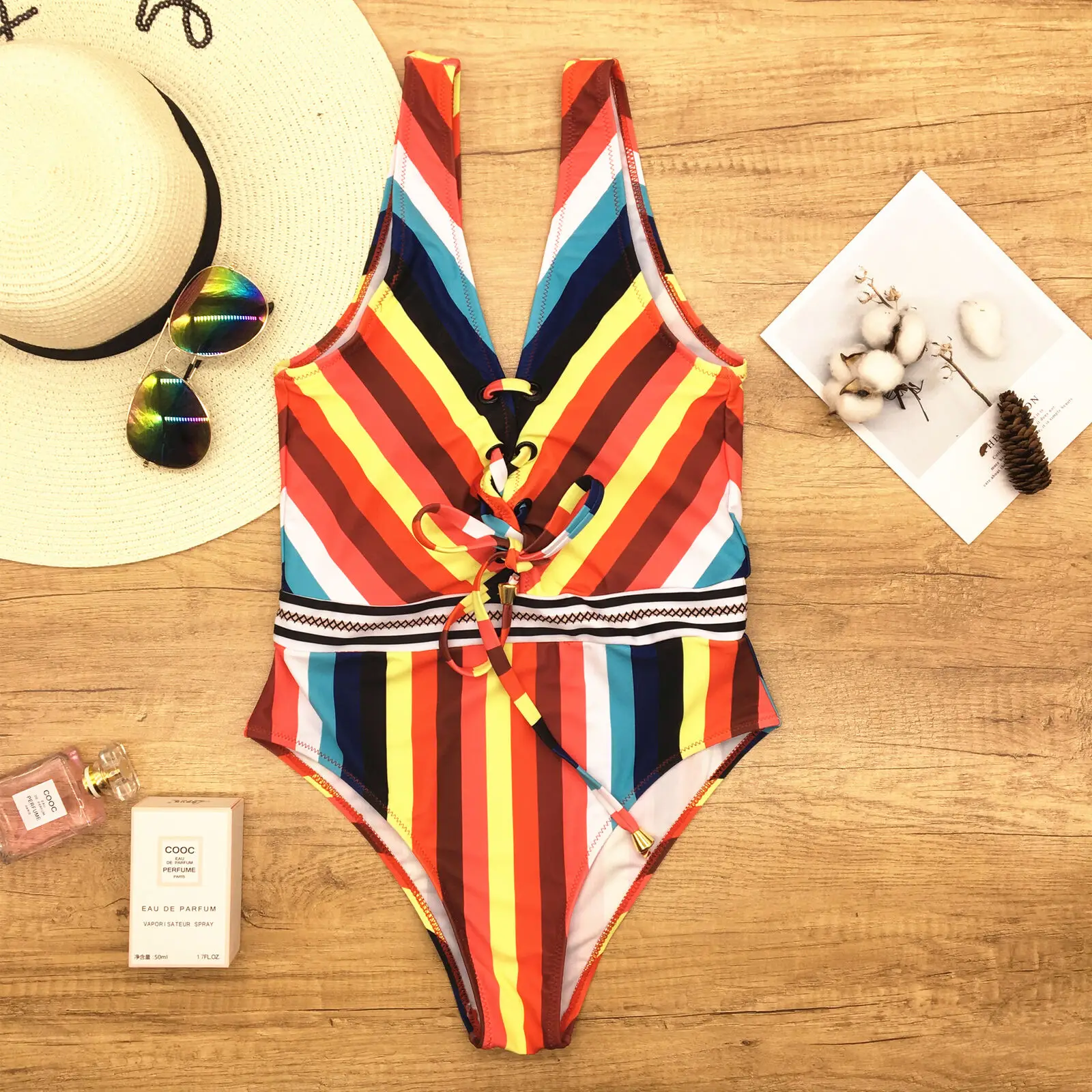 Hirigin Multi Coler Striped One Piece Swimsuit Women Swimwear 2020 New Bandage Push Up Padded Deep V Bikni Bathing Suit |