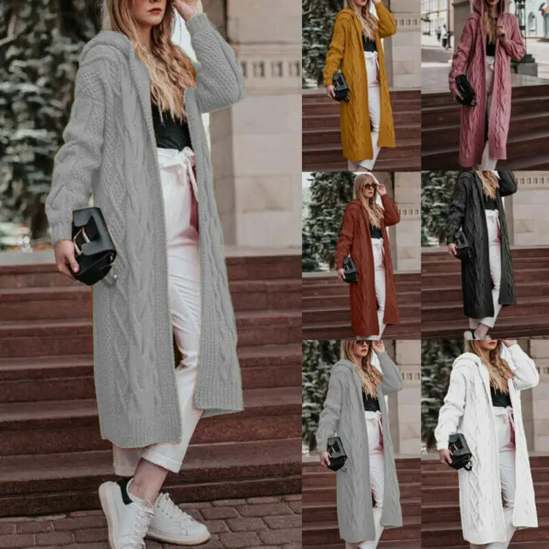 Женский Повседневный вязаный кардиган свитер с длинным рукавом и капюшоном