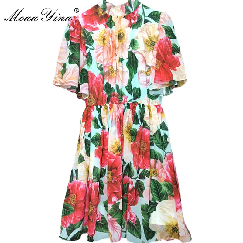 

MoaaYina Fashion Designer Dress Summer Women's dress Red Camellia Floral Print lace-up Beach Vacation Bohemia Dresses