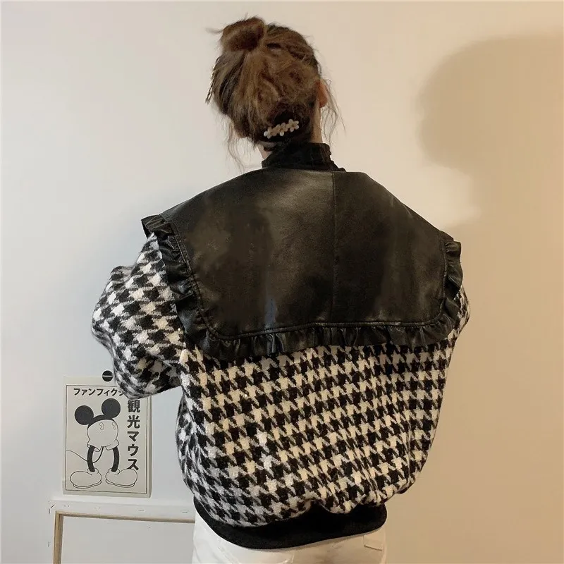 

NEW Houndstooth Vintage Harajuku Wave Selvedge Doll Collar Jacket Women Korean INS Loose Casual Tops Thicken Outerwear Coat Girl