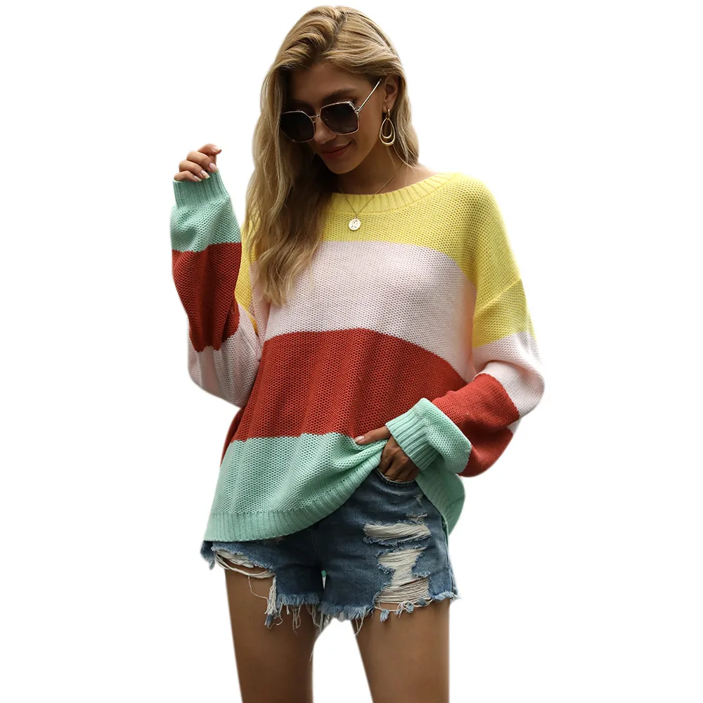 

2021 summer new leisure foreign trade lantern sleeve sweater striped color matching off-shoulder sweater