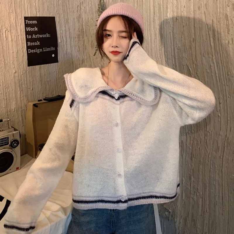 

Autumn Knit sweater Girl Korean Vintage Lapel Long Sleeve Short Jacket All-match Loose Overcoat Women Out Wear Student Tops