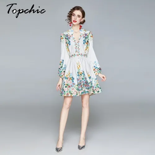 

Autumn Vintage Printed Mini Dresses For Women 2021 Runway Designers V-neck Long Sleeve Woman Dress
