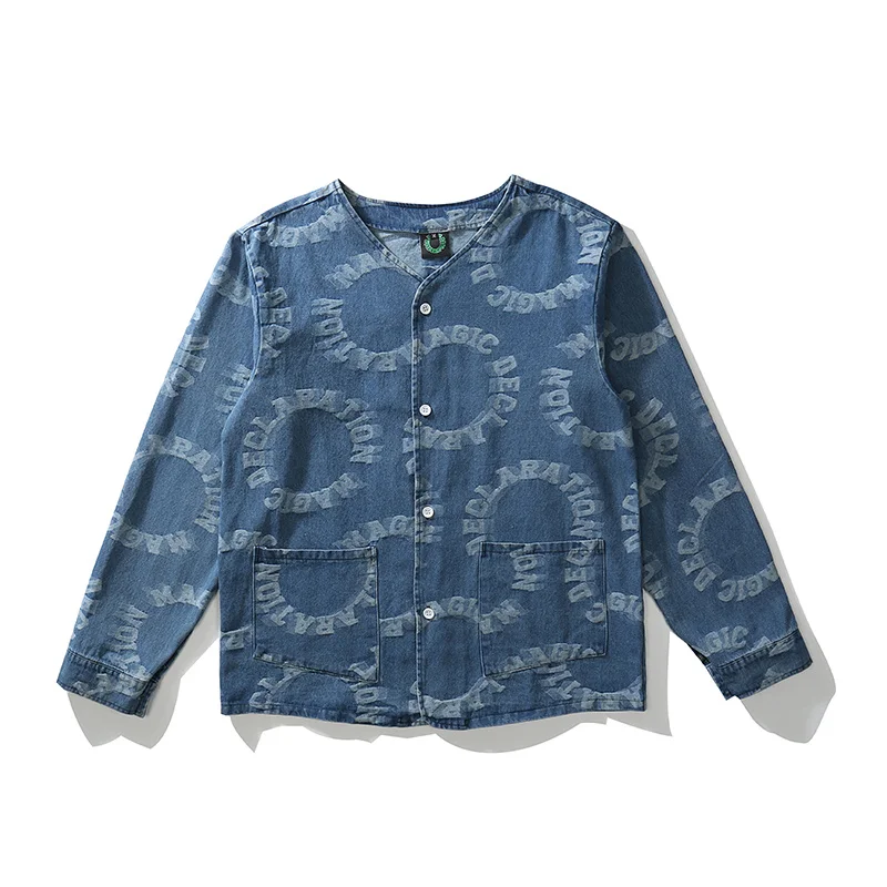 

Women Streetwear Harajuku V Neck Retro Letter Print Men Jeans Jackets Oversize Casual Windbreaker Thin Denim Coat Autumn Clothes