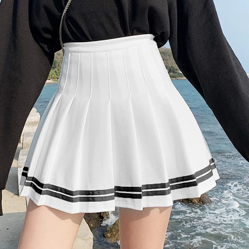 

High Waist Women's Skirts Striped Pleated Skirt Elastic Waist Female Skirts Sweet Mini Skirts Dance Skirt