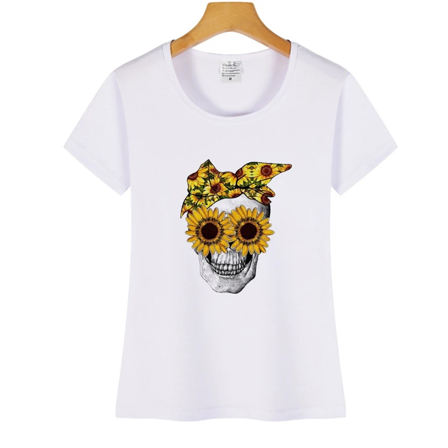 Женская футболка с принтом в виде черепа и подсолнуха белая Повседневная