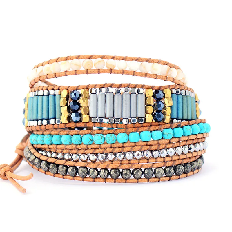 Высококачественные кожаные браслеты с бусинами из натурального камня 5 Слоистых