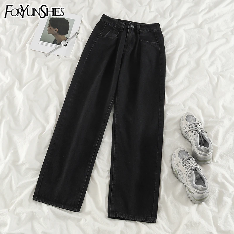 

Корейские черные мешковатые джинсы МОМ с высокой талией, женские модные прямые брюки, Свободные повседневные джинсовые брюки-бойфренды, ви...