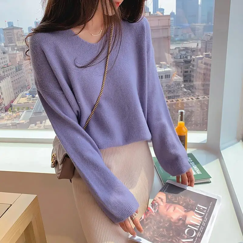 

Purple Pulls Femme Automne Hiver V-neck Jumper Knitted Korean Fashion Woman Sweaters Tops Long Sleeve Women's Sweater Clothing