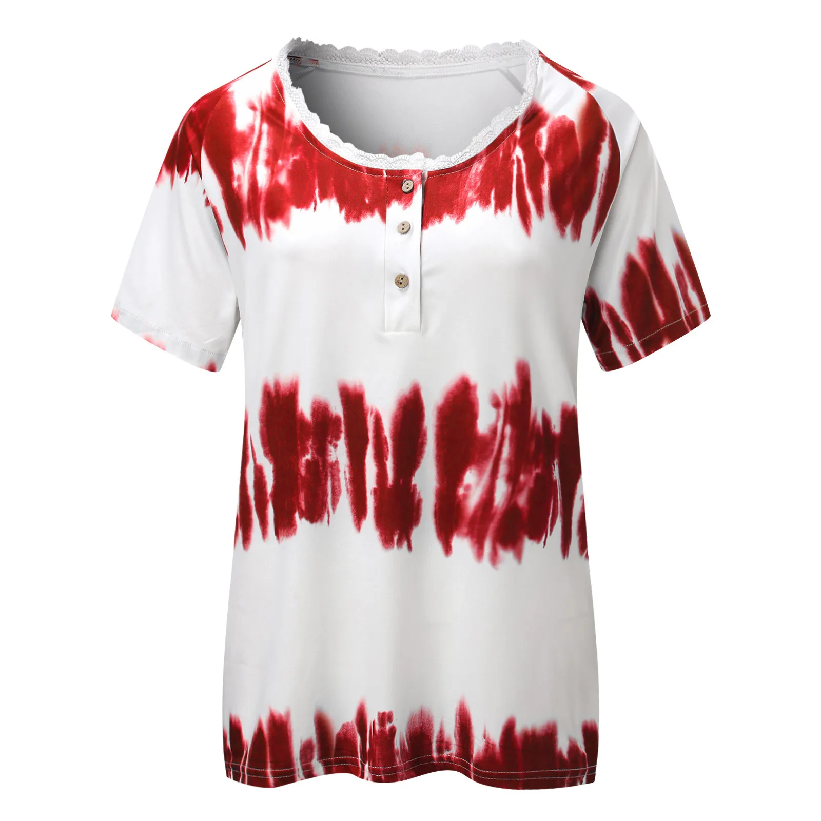 

Casual Print Lace Button Short Sleeve T-Shirt For Women y2k 2021 New Summer Fashion Round Neck top Tee For Female Streetwear