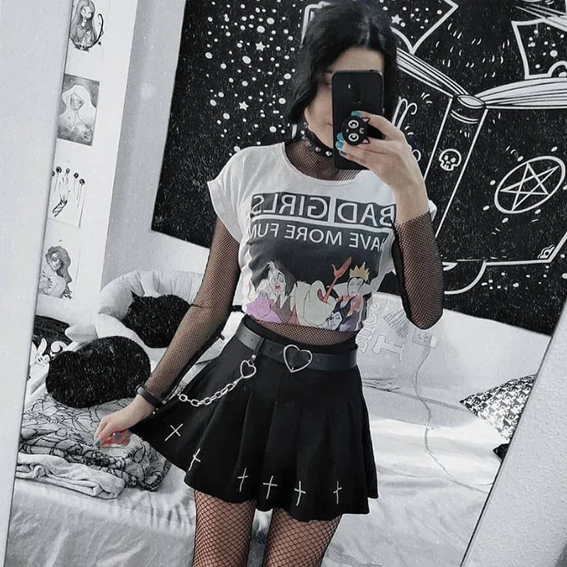 

InsGoth High Waist Mini Black Skirts Gothic Streetwear Cross Print Pleated Women Skirts Casual College Lolita Harajuku Skirt