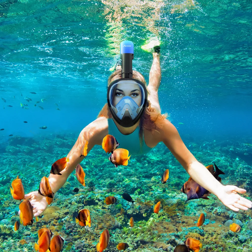 

MOVTOTOP Snorkeling Mask 180 Large Panoramic View Anti-Fog Flat View Lens Snorkel Mask with Camera Mount Size S/M (Blue and Bla