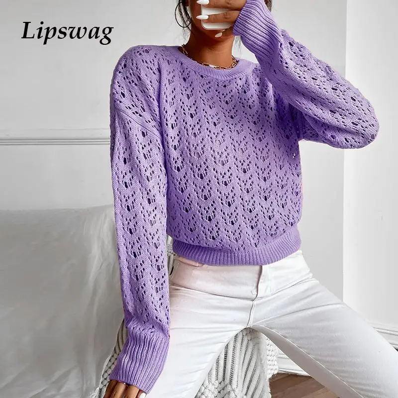 

Женский вязаный пуловер с длинным рукавом, элегантный повседневный свободный ажурный свитер с круглым вырезом, джемпер в уличном стиле для ...
