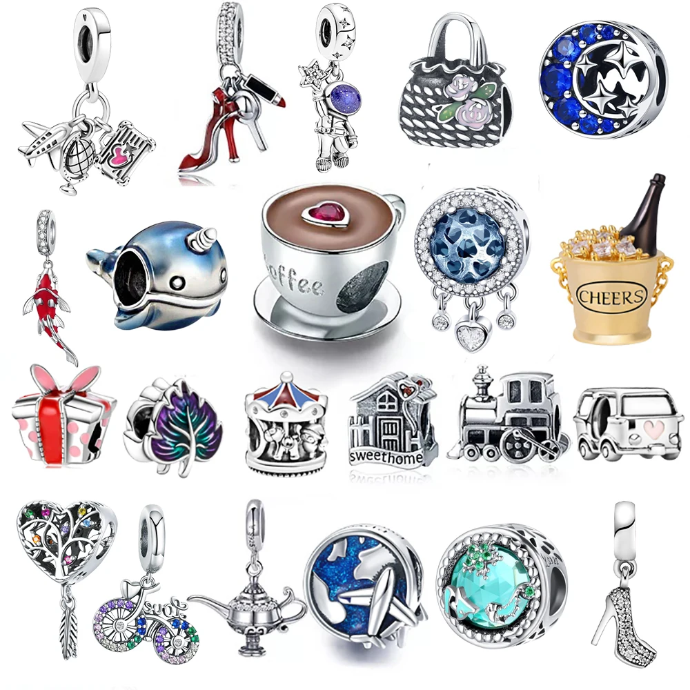 

925 Sterling Silver Aircraft Train Tower Camera Travel Dream Coffee Cup Shoes Original Pandora Charm Fit Charm Bracelet DIY