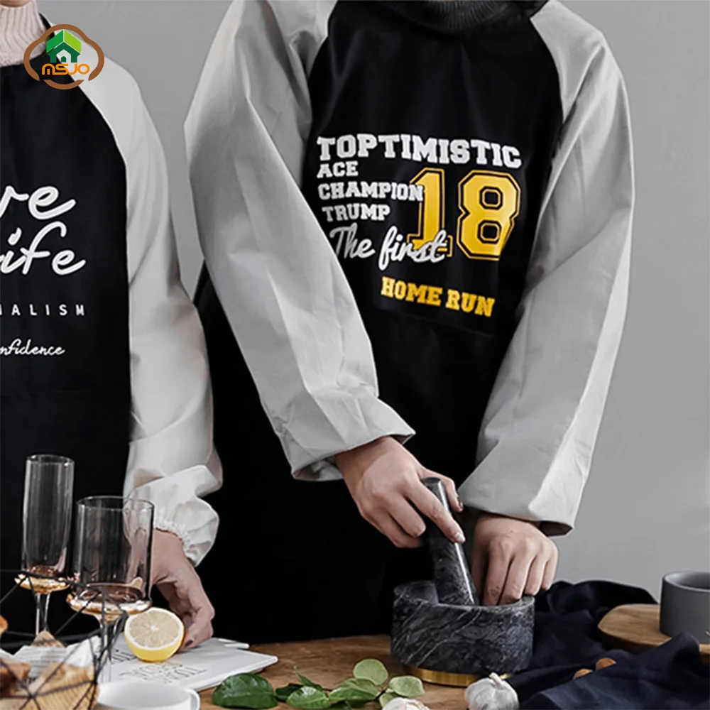 

MSJO Cotton Apron Sleeved Adult Woman Men Designs Pastry Apron Baking Art Gardener Painting Waterproof Kitchen Apron For Cooking