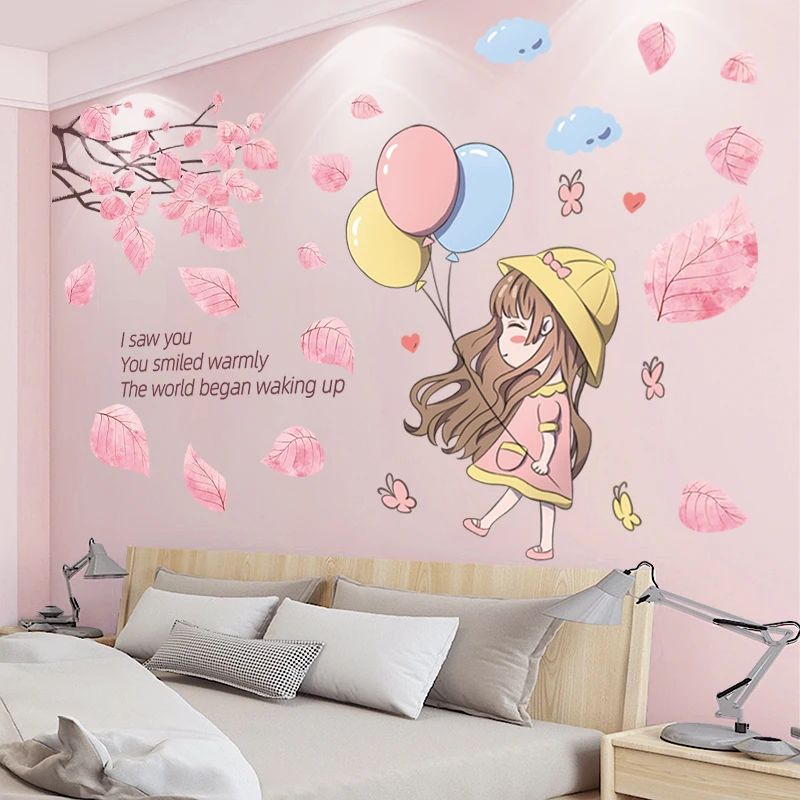 

[SHIJUEHEZI] Cartoon Girl Balloons Wall Stickers Vinyl DIY Tree Leaves Mural Decals for Kids Rooms Baby Bedroom House Decoration