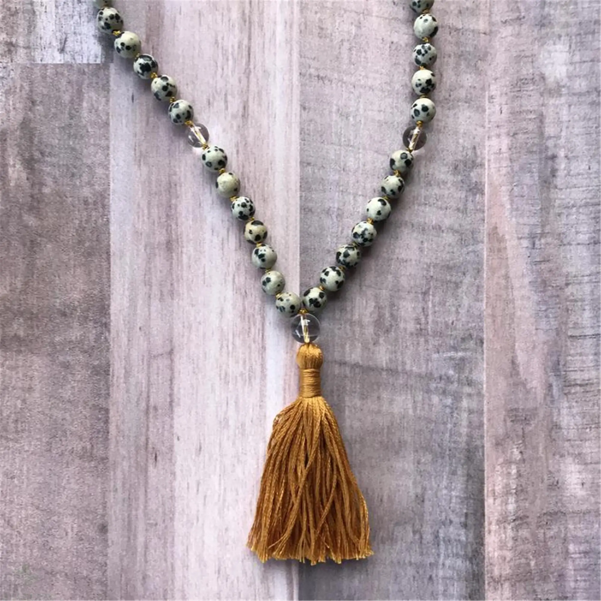 

6mm Dalmatian Jasper Knotted Tassel 108 Bead Mala Necklace Pray Meditation Spirituality Fancy Chic Colorful Cuff Healing Classic