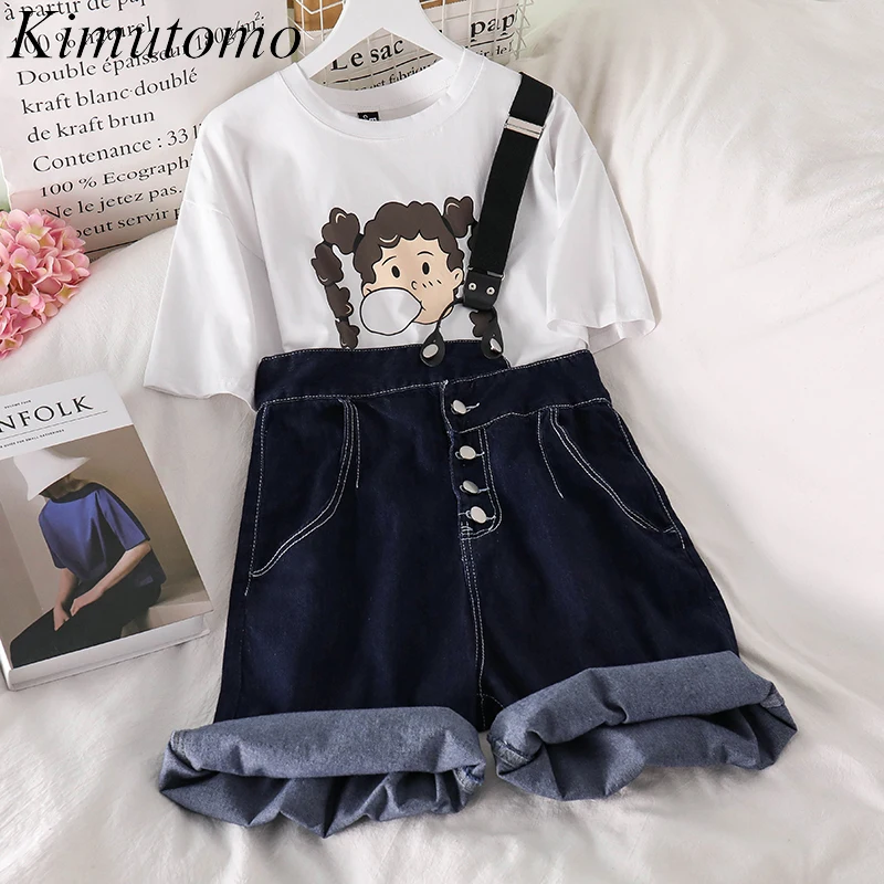 

Kimutomo Fashion Two Piece Set Cartoon Print Short Sleeve T Shirt 2021 Summer Solid Pocket One Shoulder Denim Shorts Casual