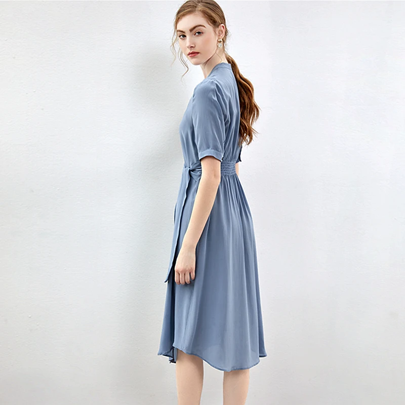 100% шелковое платье для женщин однотонное с поясом и пряжкой v-образный вырез