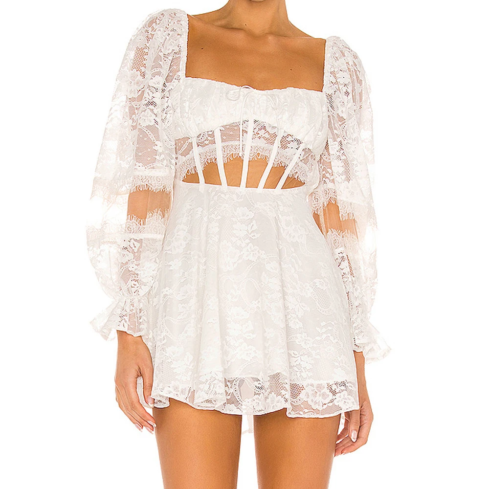 

Summer women holiday sexy backless short Dress Lace puff sleeve Hollow Out Dresses zipper sweet Slim A-Line Exposed Vestidos